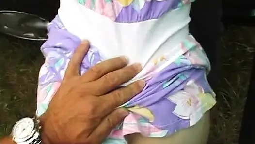 Granny sucks a chunky cock then gets fucked in the bushes