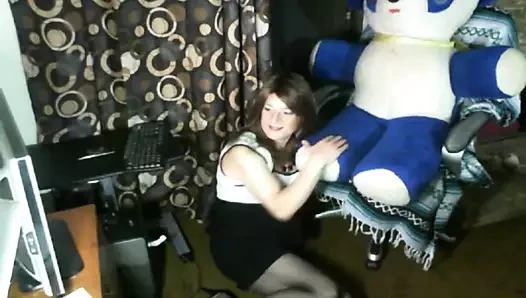 Crossdresser in black pantyhose, peplum dress, with friend