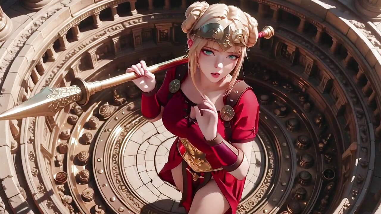 Red Armor Queen! Forbidden Gaze in the Roman Corridor, Skirt Lift Reveal, Hand on Lips Teasing You...