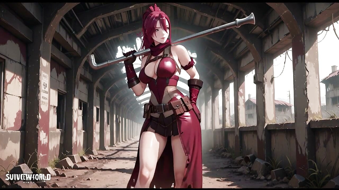 Redhead Warrior in Ruins! Forbidden Encounter in the Industrial Wasteland, her tight combat suit soaked and hazy eyes.