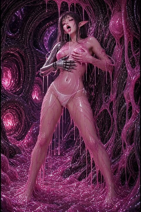 3d anime elf masturbeert in roze slijm, half cyborg arm