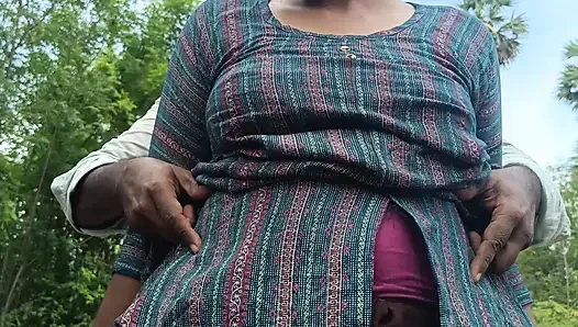 Step brother enjoying housewife breast squeeze in outdoor forest side