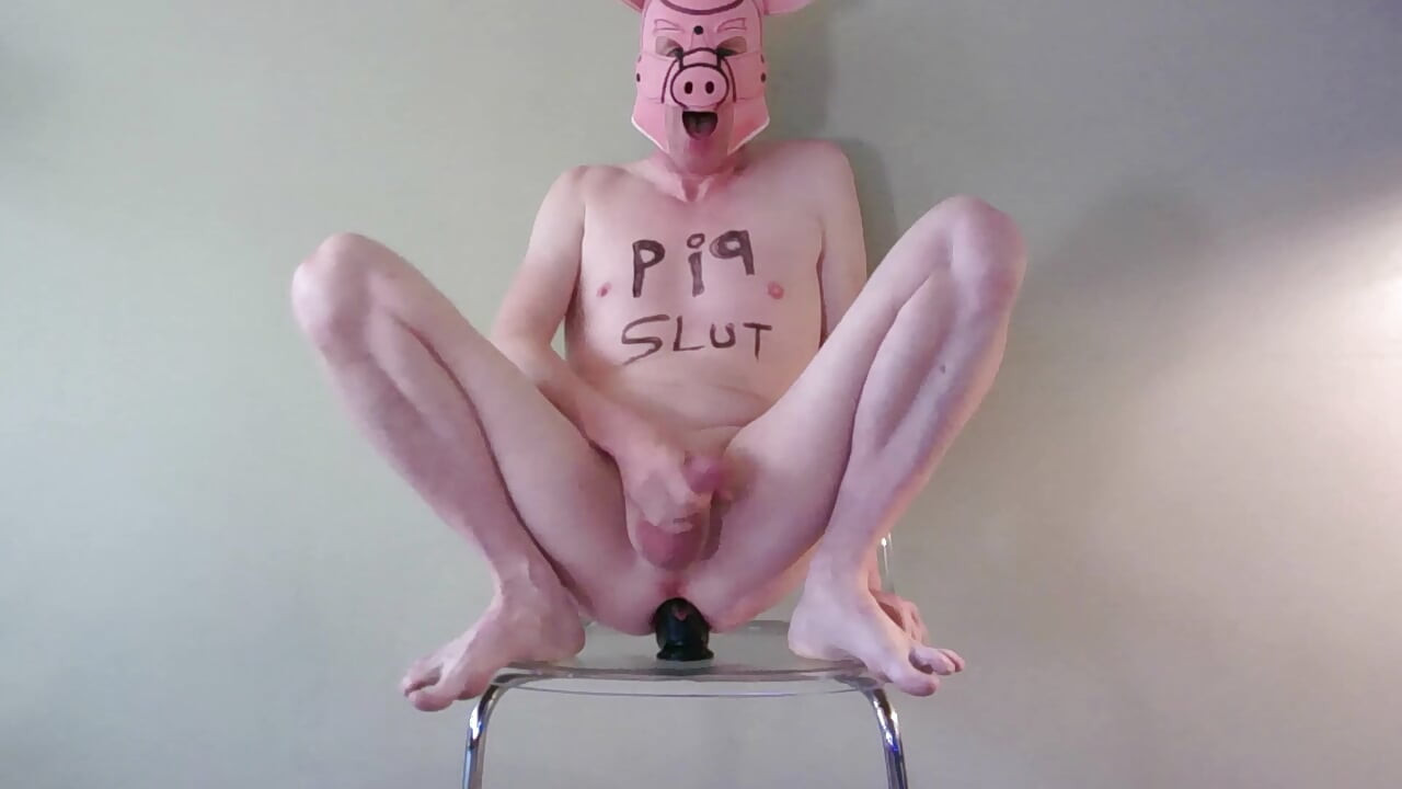 GingerSexPig moans and cums while riding a huge black dildo