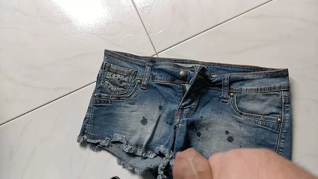 Cum jeans shorts of a slut