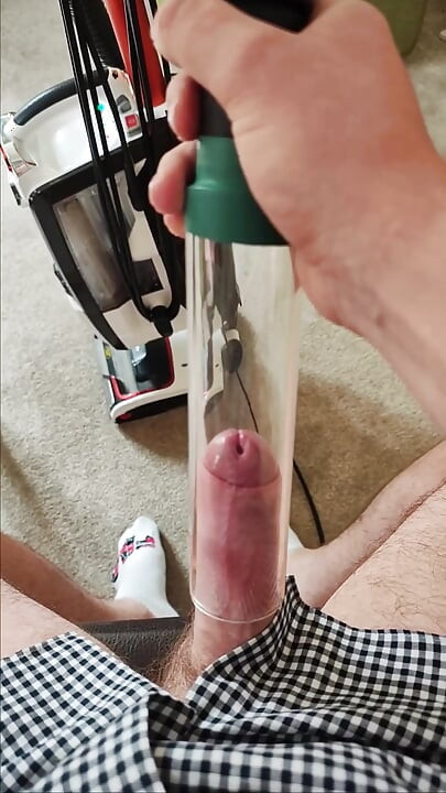 Vacuum cleaner sucking my cock with clear tube sitting