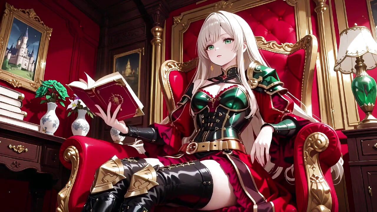 Kielletty fantasia Red & Green Armorissa! Vaalea ritari loikoilee viettelevästi, kun hänen hopeatukkainen kumppaninsa polvistuu palvelemaan