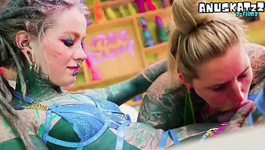 ALT Tattooed Cuties in Shiny Latex Lesbian Strap-On Fuck with German Dirty Talk