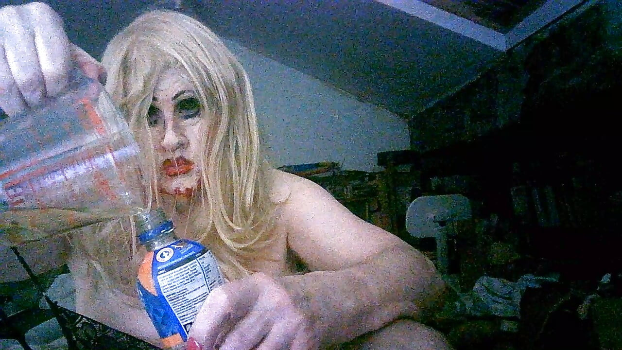 Shameless old cumslut slag Sarah, smokes drinks dogger's cum from used condom and own piss