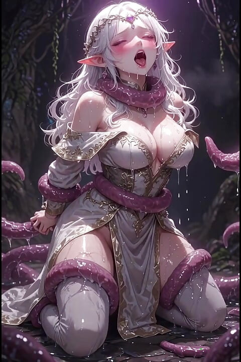 White-haired elven priestess with worm monster, anime hentai