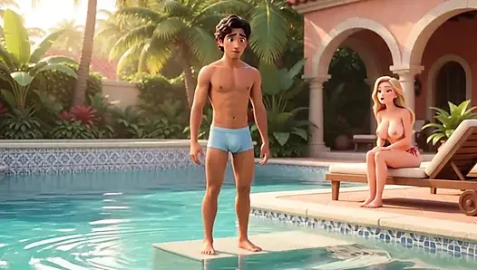 Elegant Blonde Boss Enjoys Pool with Young Gardener While Husband Away (ai Generated)
