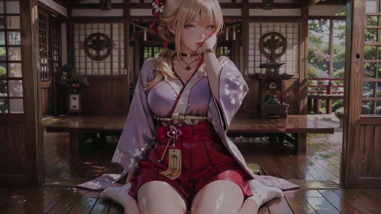 Blonďatá bohyně v japonské chodbě, Líný Pohled, Ruka na boky, Sluneční světlo Stékající její kůže