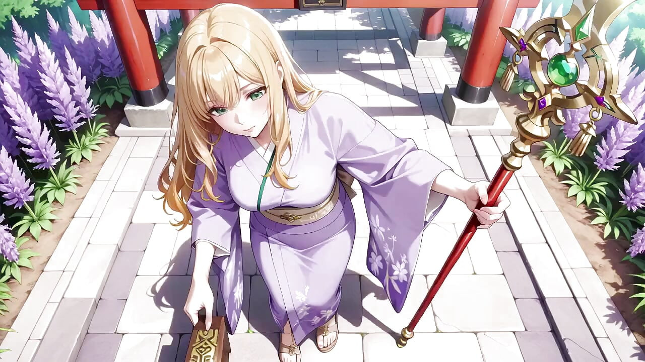 Blonde in Lavender! Kneeling Barefoot Under the Red Torii Gate, Her Andouf Fluttering in the Breeze