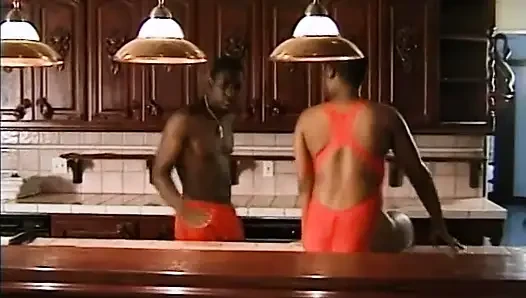 Fantastic curly haired ebony babe sucks and fucks two dicks one by one