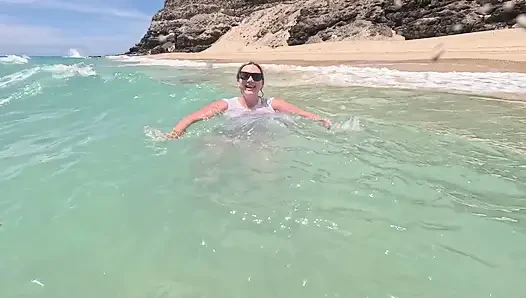 Girl Wetting Jeans in the Ocean and Swimming in Wet White T-shirt
