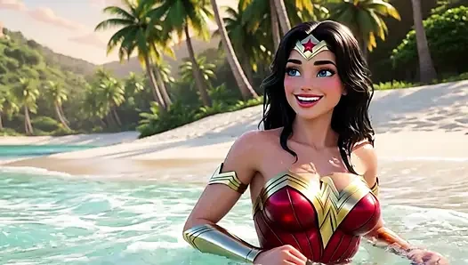 Wonder woman bersantai sambil bugil di themyscira paradise island dengan crystal lagoon dan air terjun yang kuat