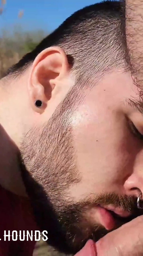 Bearded punk cleaning his straight buddy's cock during a sweatty mountain hike. | Clip 1