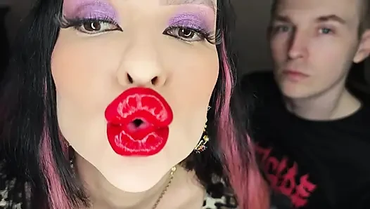 Juicy Sticky Loud Aggressive Kisses All Over a Guy's Face with Red Lipstick
