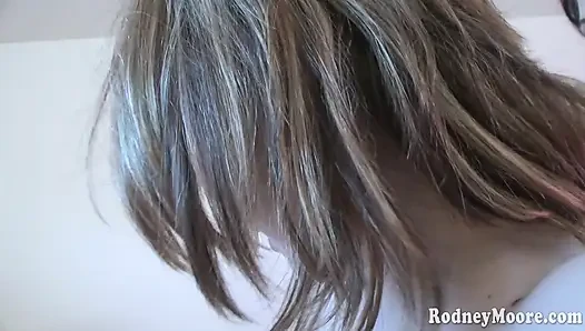 Skinny preggo slut gets cum licked off huge belly