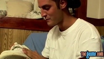 Thug twink Ajax shows off shoes before masturbation cumshot