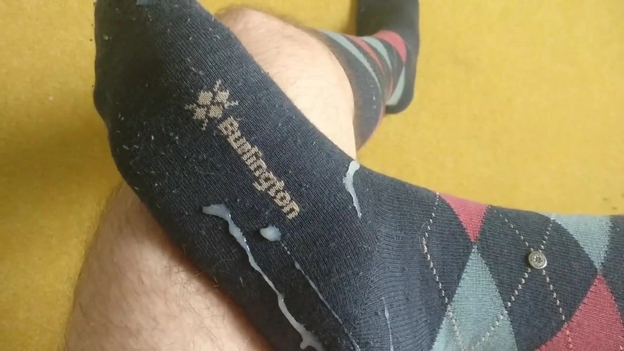 Cum on nice worn blue argyle Knee Socks