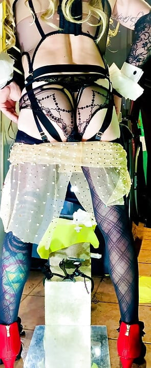 ts shemale in high heels very sexy black stocking lingerie  showing his panties outside