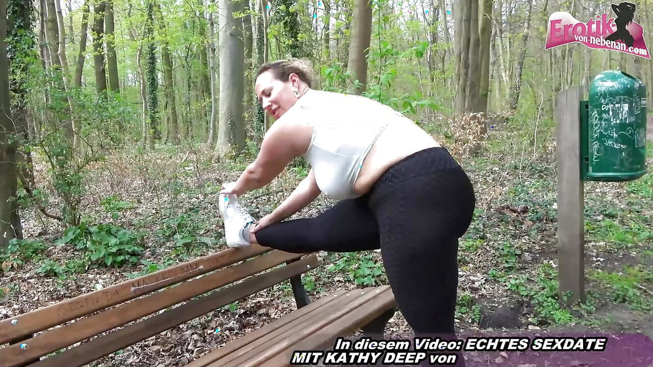 Chubby German milf having an outdoor blowjob in the woods with a stranger man