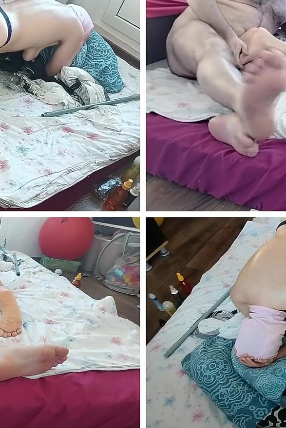 Wife Gives Me a Footjob. I Cum on My Wife's Body