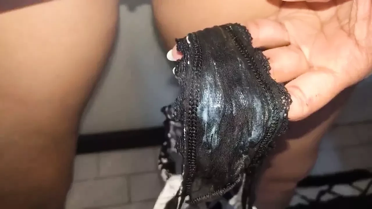 She shows her husband her pussy and panties after her lover came all over them