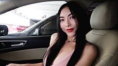 Flawless Chinese babe with DD Tits striptease in car