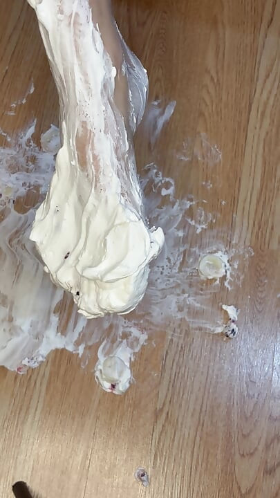 Playing with whipped cream and fruit with my naked feet