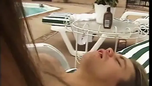 Lustful brunette fucking her boy in the backyard