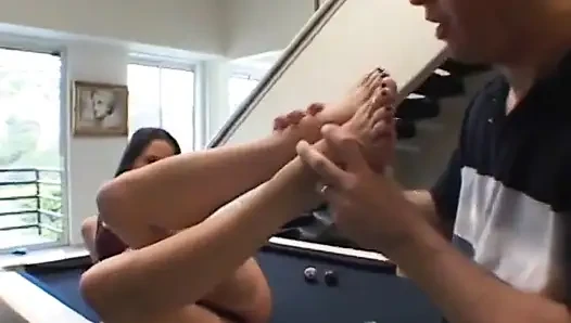 Horny brunette sucks a hard thick cock on the pool table