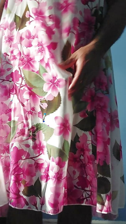 Shemale masterbate and cum in a silky seethrough Chiffon Fleared floral frock