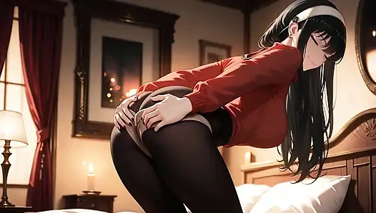 Yor Forger di kamar tidur. Yor Forger suka jadi pelacur. Cosplay hentai (AI-generated)