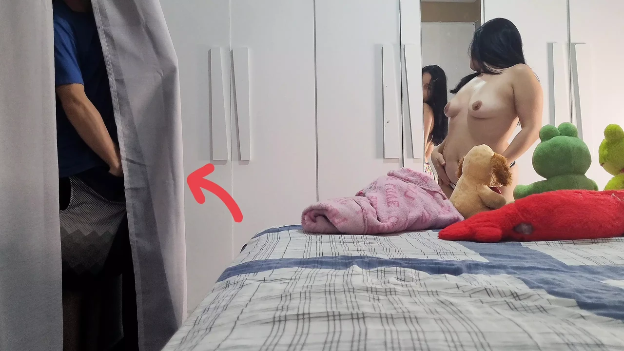 The stepfather really wanted to see his stepdaughter naked! But she catches him masturbating behind the curtain