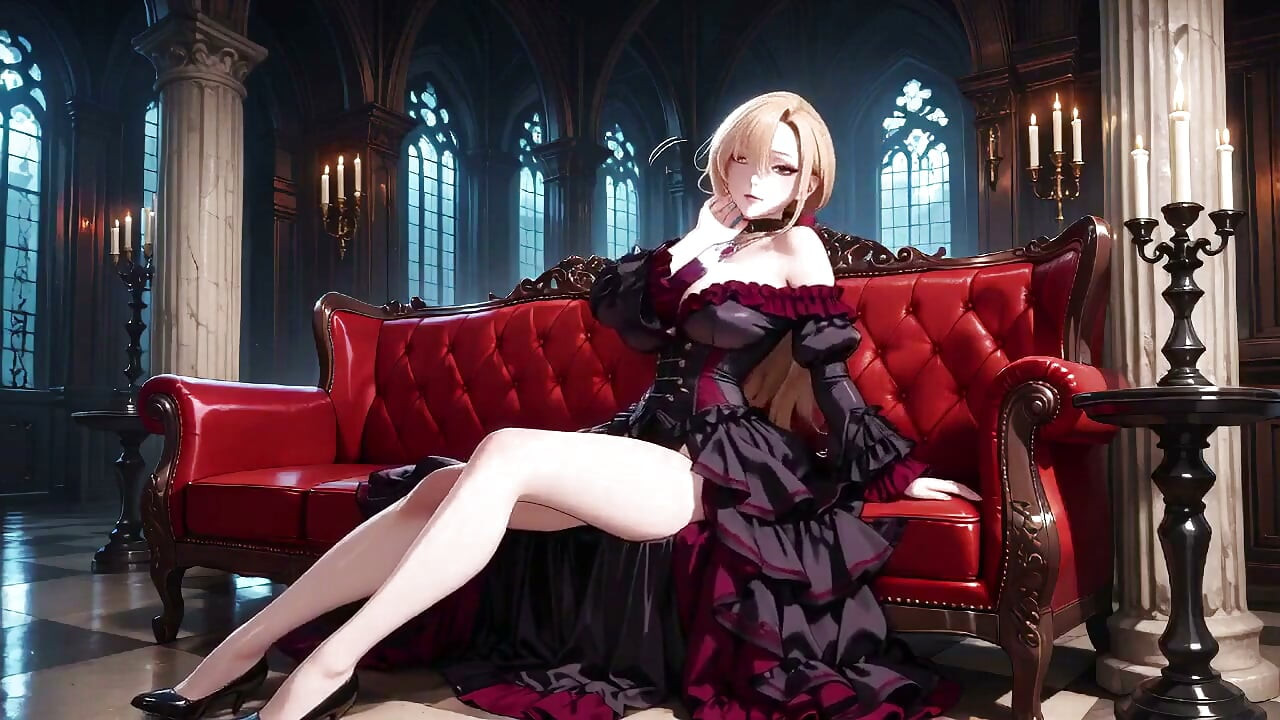 Blonde in a Black Gown Swaying on Red Velvet, Candlelight Gaze and Fan Teasing the Collarbone