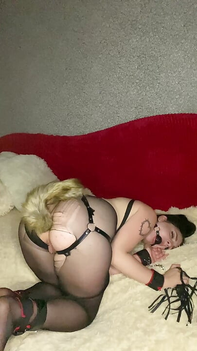 18yo Brunette Bound: Ripped Pantyhose, Leather Belts, Handcuffs, Gag & Tail Plug - Vibrates Doggy Till She Cums Hard