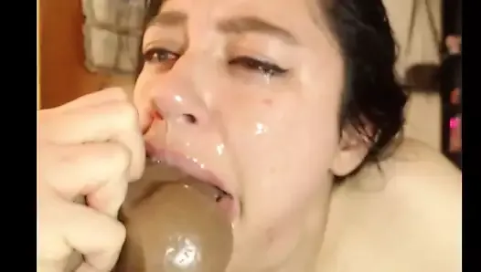 Throatfucking a huge dildo and cross-eyed orgasm