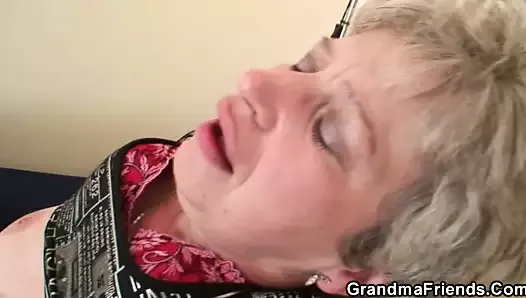 Old granny fingering hairy pussy before 3some