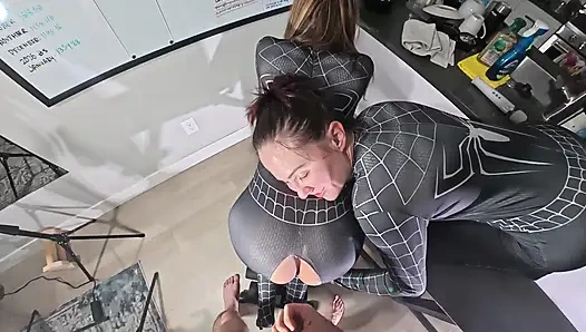 Slutty Cosplaying Stepsis and Her Girlfriend Dresses up as Spider Girls. FFM Threesome Pussy and Anal Creampie