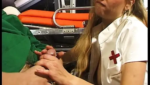 Magnificent blonde German nurses sharing dicks in ambulance van