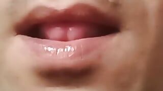 Red Crossdresser lips massage for eating sperm condom