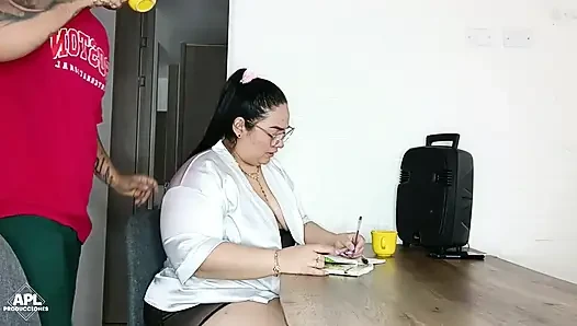 As I help my stepmom do some chores, I make her feel my hard cock on her back