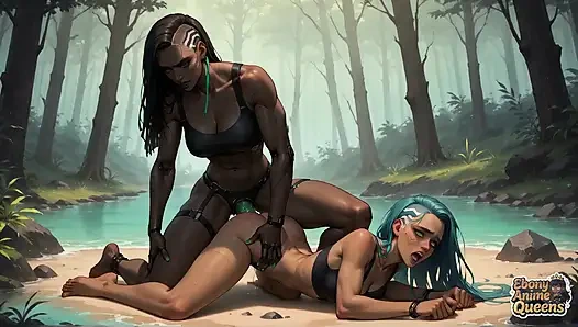 Karanlık tonlu bir ormanda, cyberpunk bir penisi yutuyor