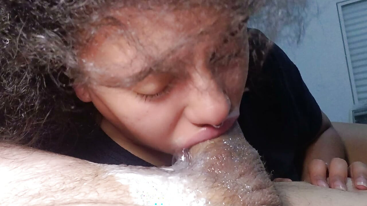 Playing with cum: she makes the cuckold cum deliciously, playing with the semen.