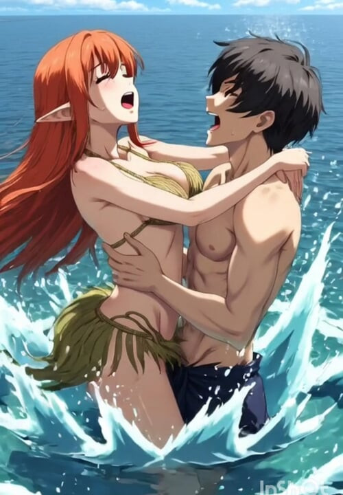 Redhead anime hentai girl fucks in the water