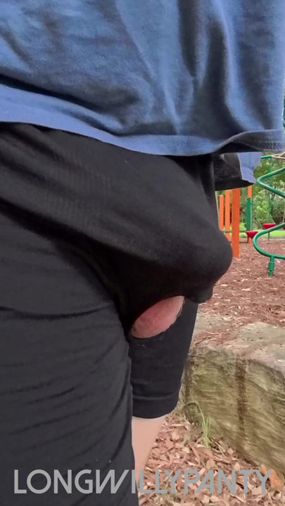 Straight amateur guy walks with dick poking out of exposed shorts