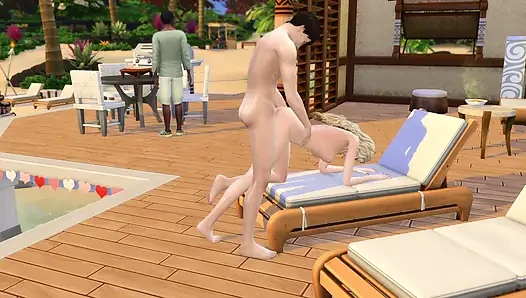 Couple in love have sex in public on the beach. The sims
