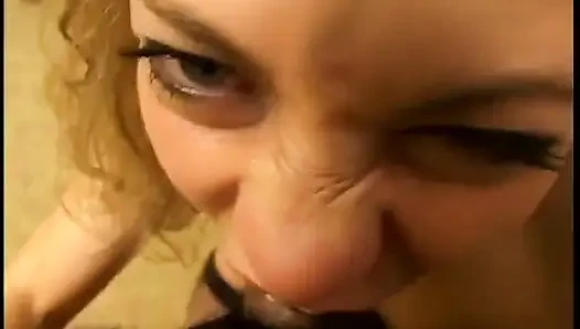 Curly haired whore enjoys licking dude's dick long time