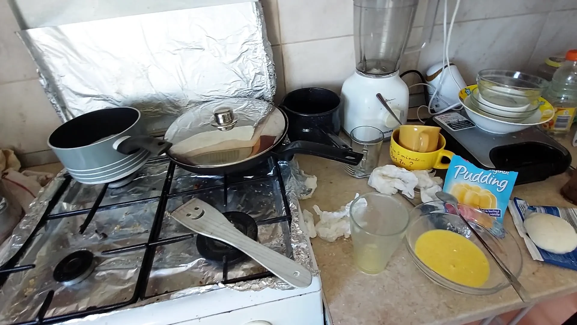 Sexy wife prepares breakfast naked in the kitchen.
